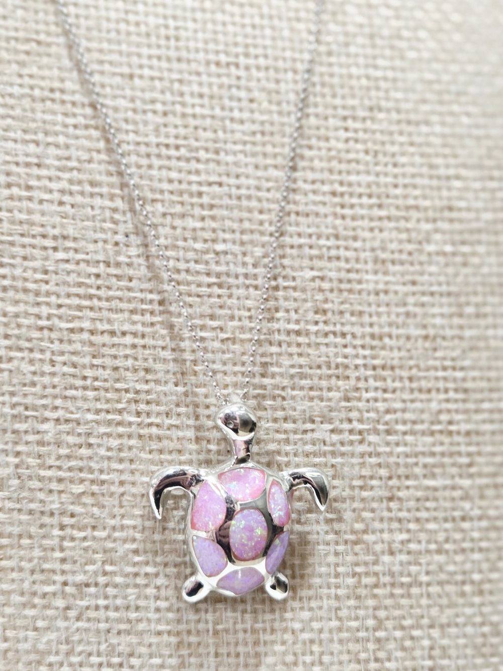 Sterling Silver Pink Opal Turtle Pendant Necklace - Picture 3 of 4